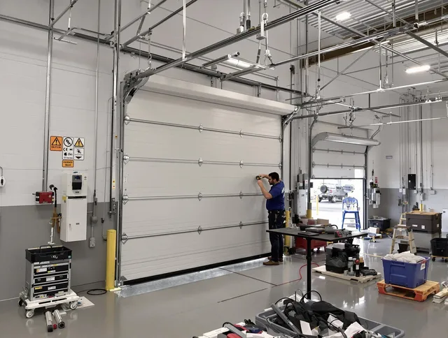 Commercial garage door repair being performed by Windsor Garage Door Repair expert in Windsor