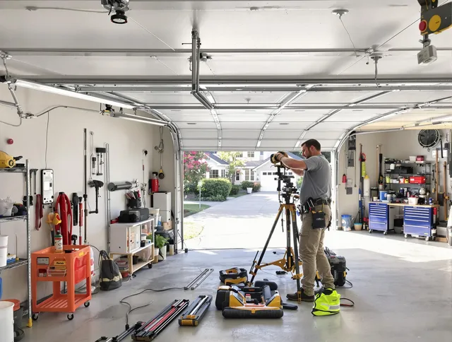 Windsor Garage Door Repair specialist performing laser-guided track alignment in Windsor